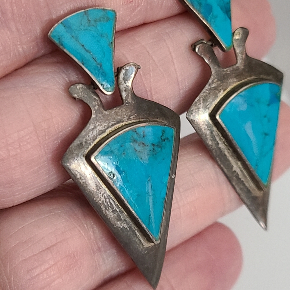 925 MEXICO Turquoise Earrings Triangle Sterling Silver Dangling Vintage Estate